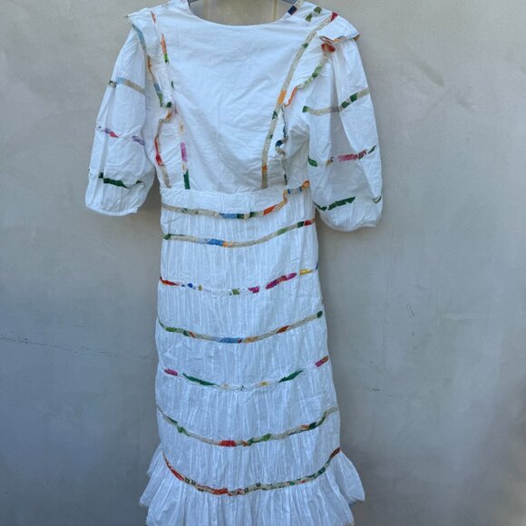 NWT Farm Rio Midi Dress Mixed Prints Off White V-Neck Short Puff Sleeves Ruffled - Picture 7 of 8